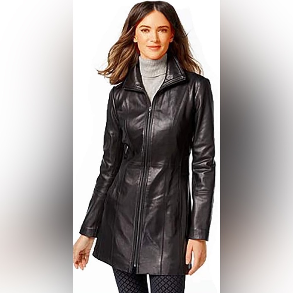 Anne Klein Black Leather Coat Women’s Small – 100% Genuine Lambskin NWT